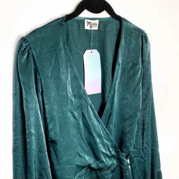 Show Me Your Mumu Nola Teal Long Sleeve Wrap Satin Mini Dress - Picture 4 of 6